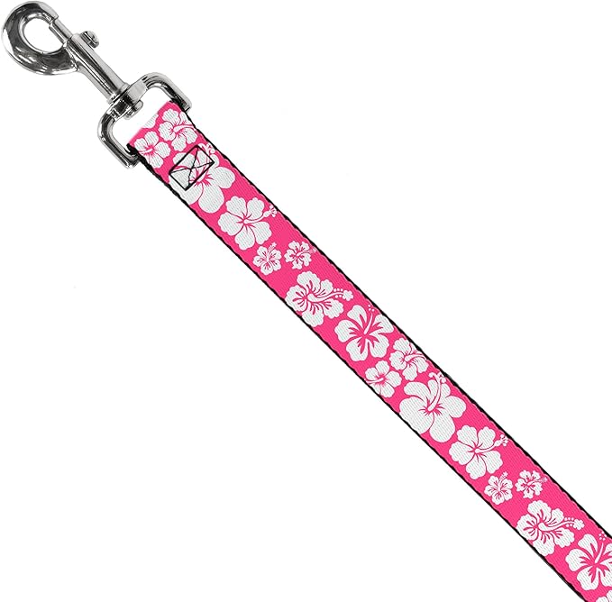 Dog Leash Hibiscus Neon Pink White 4 Feet Long 0.5 Inch Wide