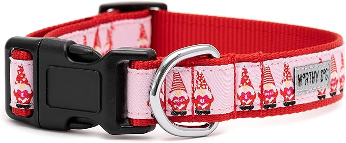 THE WORTHY DOG Collar for Large Dogs, Adjusts 18-24 inches, Durable Nylon Webbing, Quick Release Buckle, Cupid Gnome Pattern, Red, X-Large