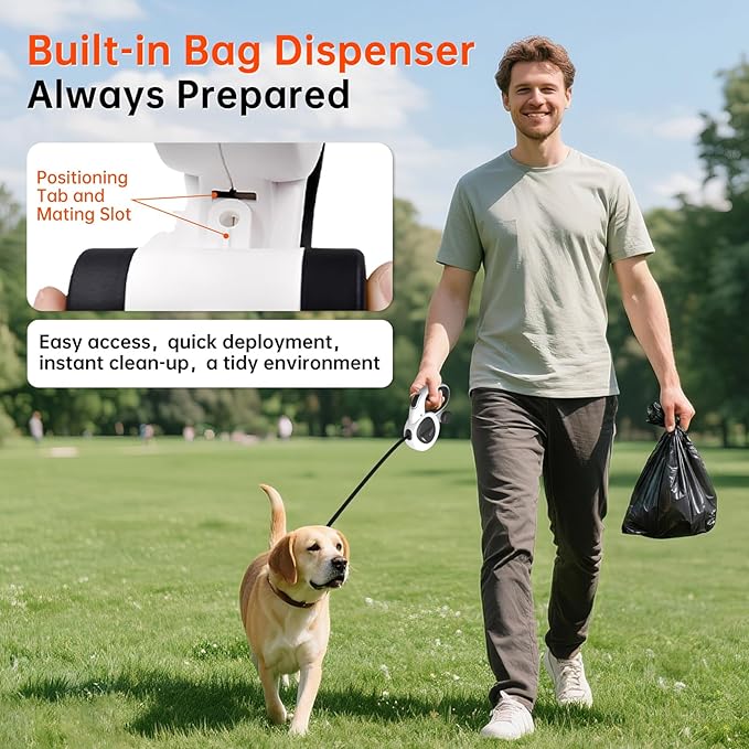 16Ft Retractable Dog Leash with LED Light, Heavy Duty Dog Leash for Small, Medium & Large Dogs Up to 66lbs, 360° Tangle-Free, Dispenser and Poop Bags