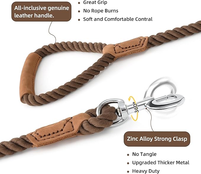 Mile High Life Dog Leash, Braided Cotton Rope Leashes with Leather Handle - Heavy Duty Metal Clasp, 5FT, 1/2" Thick - Wedding, Walking & Training Leash for Small Medium Large Dogs (Dark Brown)