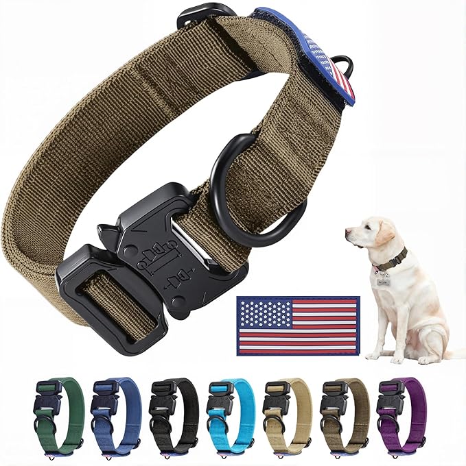 Heavy Duty Tactical Dog Collar Adjustable Nylon Pet Collars Quick Release Buckle with 2 D-Rings Patch for Medium, Large Dogs (Brown, Size M)