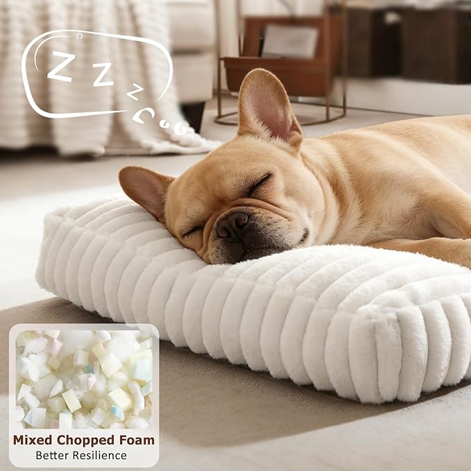 Dog Beds Large Sized Dog, Flat Pet Beds with Removable Washable Cover, Pet Mat Cute Pet Crate Bed Thick Shredded Chopped Crate Foam & Anti Slip Bottom for Indoor, 35"x23"x4" Cream