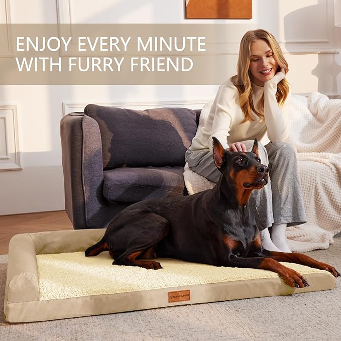 Patas Lague Orthopedic Jumbo Dog Bed for Extra Large Dogs 56''X40'', Waterproof L Bolster Pet Sofa Beds with Removable Washable Cover, Soft Comfortable Pet Couch Crate Mat with Nonskid Bottom, Cream