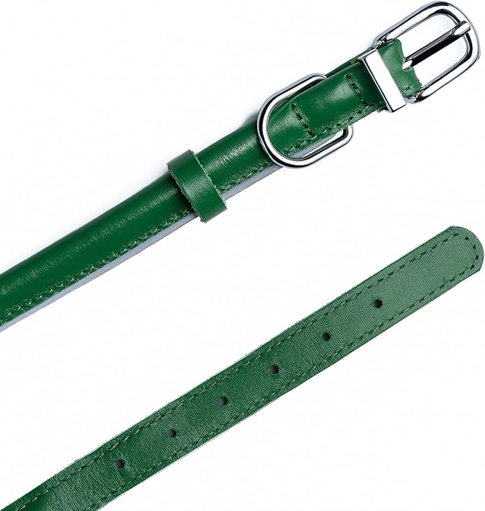 OOPSDOGGY Rolled Leather Dog Collar Reflective Roll Collars for Small Medium Large Dogs Puppy (Green, S, 10''- 13'')