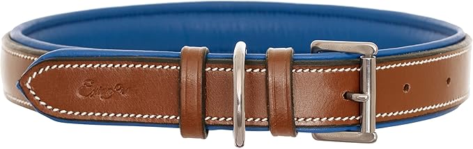 Exion Geniun Leather Dog Collar Designer Stitched Soft Leather Padded- Suitable for Small Medium Large X-Large Dogs for Walking Running- Conker with Blue Padding