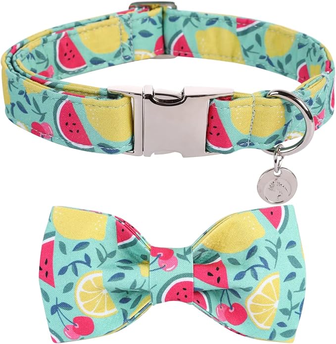 DOGWONG Cotton Summer Dog Collars, Lemon Bowtie Dog Collar, Adjustable Heavy Duty Girl Dog Collar with Bow for Small Medium Large Dogs,L