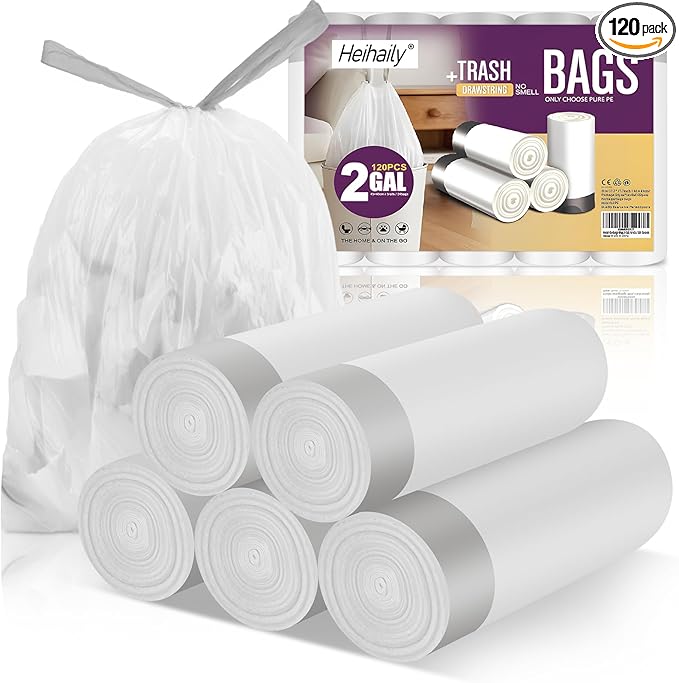 Small-Garbage-Bag 2-Gallon-Size Trash Bags Drawstring - Unscented Clear White Mini Bulk Drum Plastic Liners Recycling for Kitchen Office Bathroom Can Waste Basket, 5 Rolls, 120 Counts