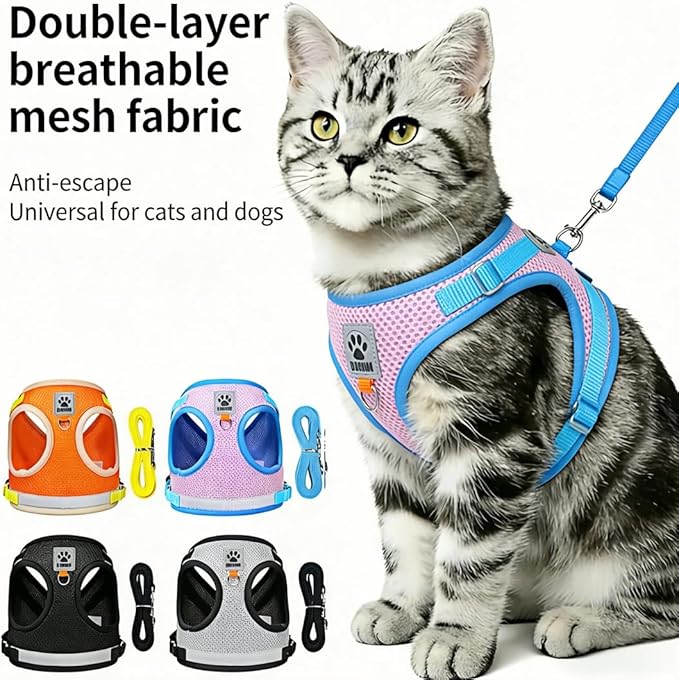Dog Harness and Leash Set-No Pull No Choke Step-in Pet Harness for All Weather Lightweight Adjustable Cat Harness Breathable Soft Mesh Puppy Vest with Hook & Loop Fastener Buckles D-Rings-Blue+Pink-XS