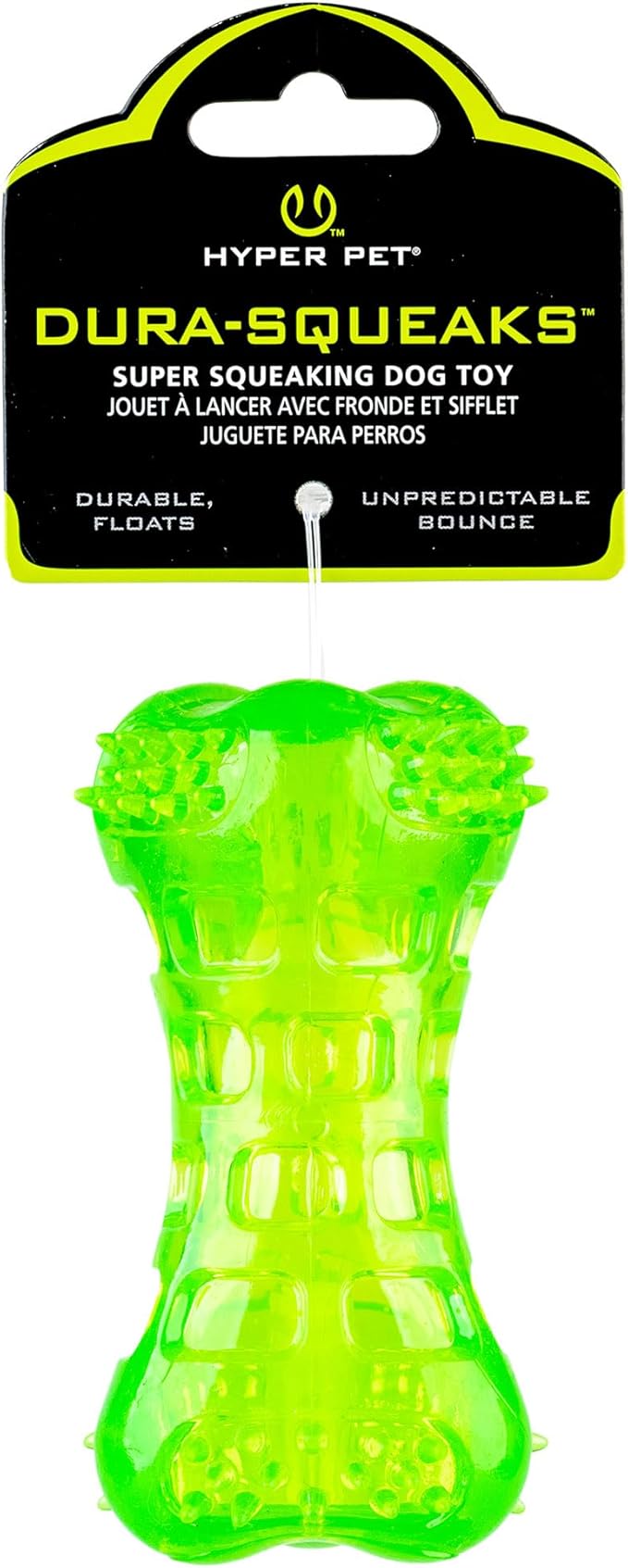 Hyper Pet Dura-Squeaks Super Squeaking Durable Floating Bouncing Dog Chew Toy, Bone, Green, Pack of 1