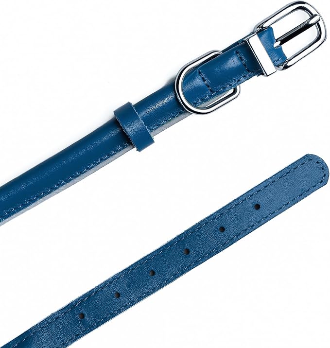 OOPSDOGGY Rolled Leather Dog Collar Reflective Roll Collars for Small Medium Large Dogs Puppy (Dark Blue, XS, 8''- 11'')
