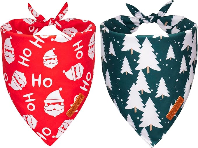 ADOGGYGO Christmas Dog Bandanas 2 Pack, Santa Tree Dog Christmas Scarf Bib, Premium Durable Fabric, Pet Holiday Bandanas for Medium Large Dogs (Large)