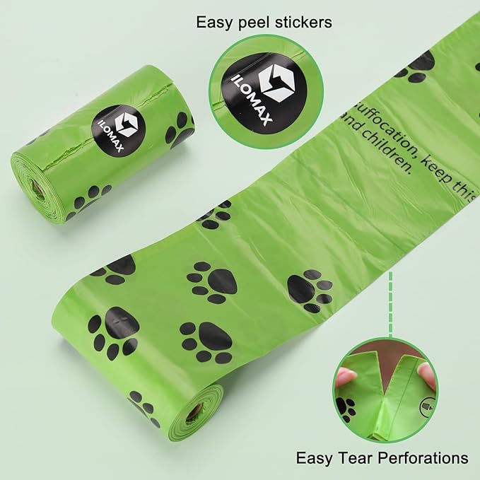 ILOMAX Dog Poop Bags with Dispenser, 270 Unscented Waste Bags (38% Plant-Based), Extra Thick Leak-Proof Refill Rolls for Dogs & Cats – 18 Rolls + Holder