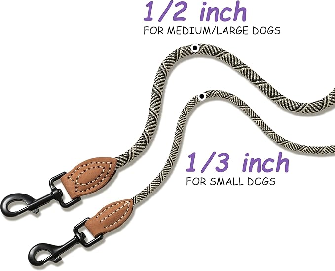 Mile High Life Small Dog Leash, Thin Rope Leash with Genuine Leather Connection and Heavy Duty Metal Clasp, Great for Small Medium Dogs(White,60 Inch-1/3)