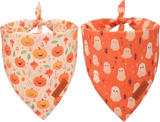 PTDECOR Halloween Dog Bandana, Ghost Pumpkin Design Reversible Holiday Dog Scarf, Triangle Halloween Bandanas for Small Dogs Puppies Cats(Small)