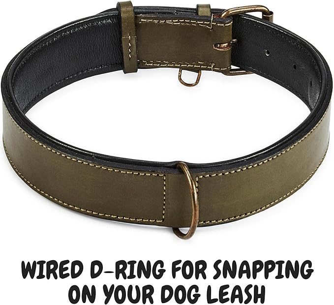 Real Leather Dog Collar Padded Soft Interiors with Premium Vintage Look Handcrafted Heavy Duty with Tag Ring for Small Medium and Large Pets (X-Large (1.75" Wide for 20" - 24" Neck), Olive)
