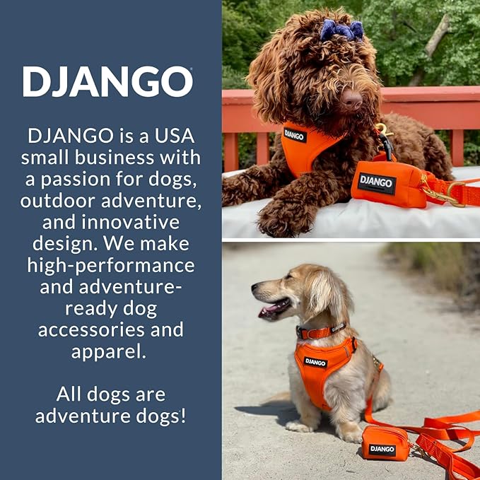DJANGO Adventure Dog Harness - Stylish, & Durable Small Dog Harness for Outdoor Adventures and Everyday Wear - Sunset Orange Neoprene Adjustable Harness for Dogs with Reflective Piping & Brass D-Ring