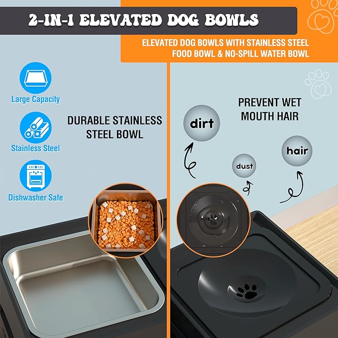 Dog Bowls Elevated Large Breed, Raised Dog Bowl Stand with 4 Adjustable Height, Stainless Steel Food Bowl & No-Spill Water Bowl for Small, Medium, Large Dogs