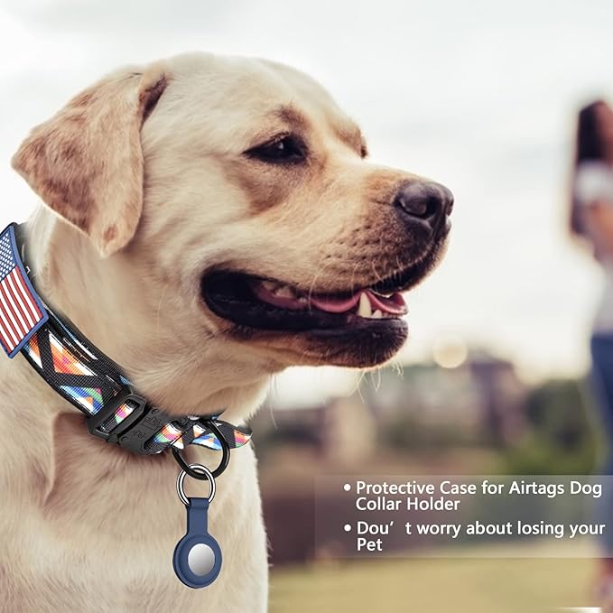 DAGANXI Tactical Dog Collar, Adjustable Military Training Nylon Dog Collar with Control Handle and Heavy Metal Buckle for Medium and Large Dogs, with Patches and Airtags Case (XL, Colorful Triangle)