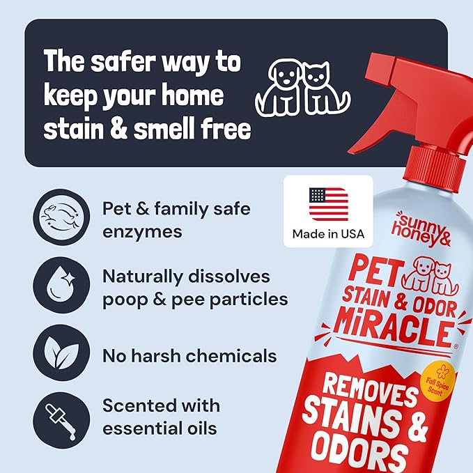 Sunny & Honey Pet Stain Remover - Enzyme Cleaner For New & Deep Set Stains - Carpet Deodorizer & Urine Odor Eliminator for Dog Pee, Cat Urine, Upholstery & Furniture (32 fl oz, Fall Spice)