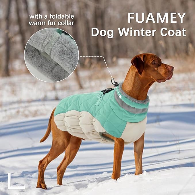 FUAMEY Dog Coat for Large Dogs,Waterproof Dog Winter Jacket with Harness Built in Puppy Cold Weather Coats Reflective Pet Vest with Zipper Warm Fleece Dogs Snowsuit Windproof Mint Green L