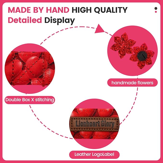 Lionheart glory Dog Collar with Flower - Valentine's Day Dog Collar for Large Dogs Red Hearts Print Collars Soft Adjustable with Flower Male Female Dogs Spring Cute Collars