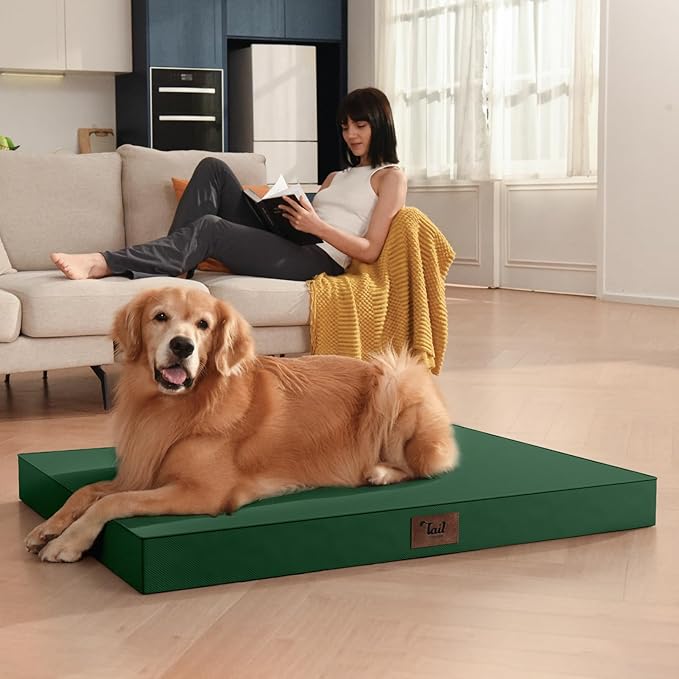 Outdoor Large Washable Dog Bed, Orthopedic Egg Crate Foam Dog Crate Mat for Large Dogs with Removable Oxford Cooling Cover, Dark Green