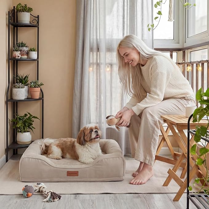 28 Inch Orthopedic Dog Couch Bed for Medium Dogs Up to 30 lbs,Cooling Gel Memory Foam + Egg Crate Foam,Waterproof Removable Washable Cover,4-Sided Bolster,Non-Slip Bottom,Beige