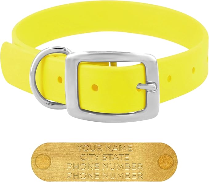 Regal Dog Products Large Yellow Waterproof Dog Collars with Custom Engraved Name Plate | Vinyl Coated, Anti, Easy to Clean Personalized Biothane Dog Collar - Other Sizes for Small & Medium Dogs
