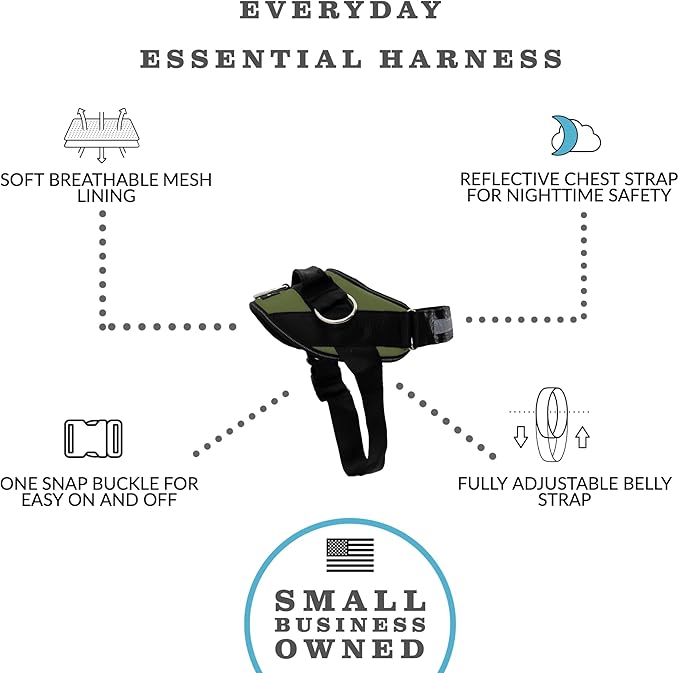 ShawnCo Essential Dog Harness, No-Pull Pet Vest with 3 Leash Clips, No Choke, Reflective, Adjustable and Padded, for Easy Walking and Training for Small, Medium and Large Dogs (Olive Green, XS)