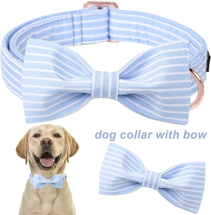 ARING PET Dog Collars with Bow, Blue Stripe Adjustable Bowtie Pet Collar with Metal Buckle for Small Medium Large Boy Girl Dogs-L