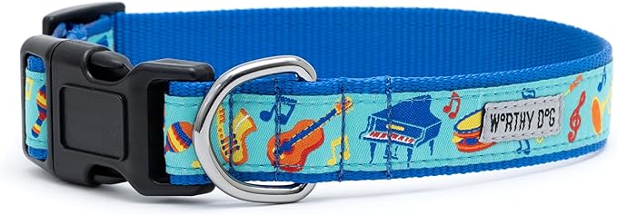 THE WORTHY DOG Collar for Small Dogs, Adjusts 9-15 inches, Durable Nylon Webbing, Quick Release Buckle, Music Pattern, Blue, Small