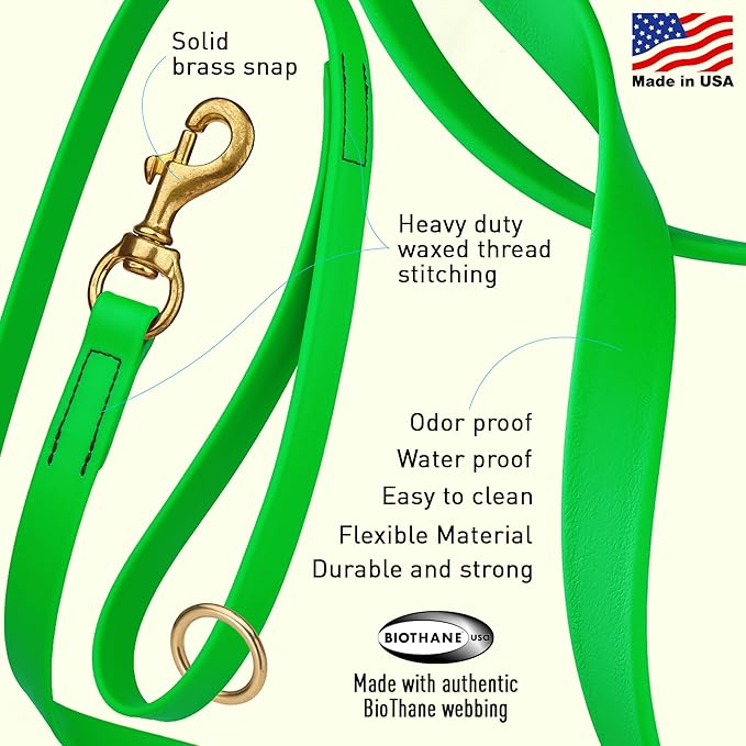 Viper Biothane K9 Working Dog Leash Waterproof Lead for Tracking Training Schutzhund Odor-Proof Long Line with Solid Brass Snap for Puppy Medium and Large Dogs 4ft, Tropical Green