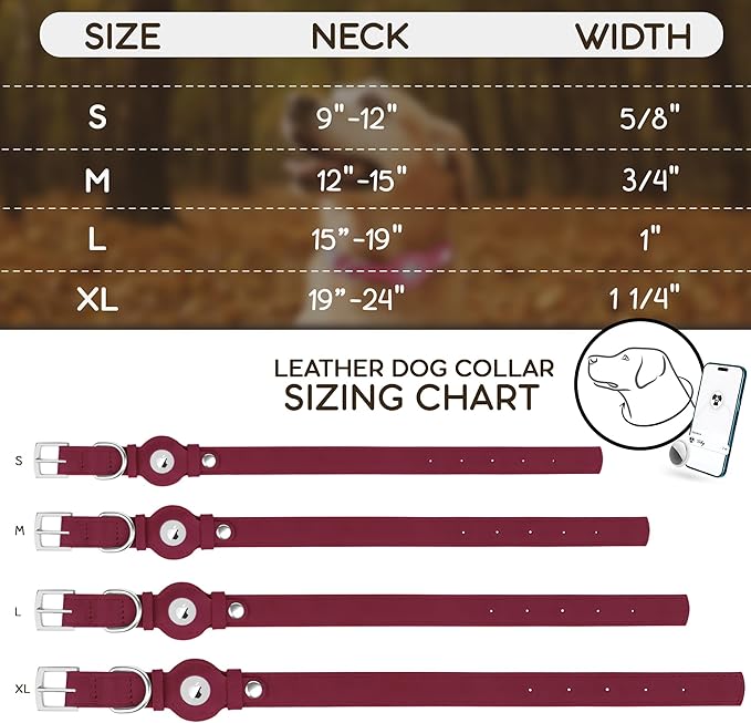 Leather Dog Collar with Airtag Holder - Apple Air Tag Dog Collars - Soft Tracking GPS Pet Collar for Small Medium Large Dogs Breed Puppy (Burgundy, M, 12"-15" Neck Fit)
