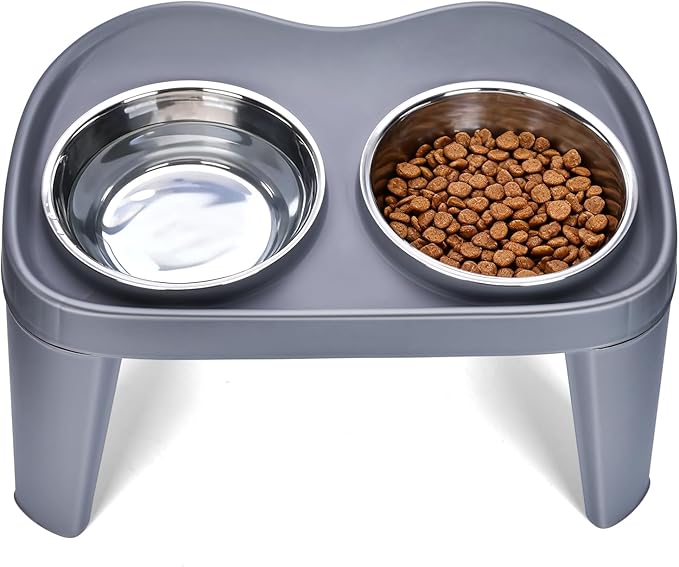 Petizer Large Sized Elevated Dog Bowls, No Spill Raised Height Stand Dog Feeder with 2 Thick 60OZ Stainless Steel Food and Water Bowl Set, Grey, for Medium Large, Food Dishes with Non-Slip Feet