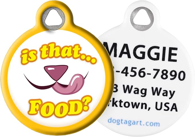 Dog Tag Art is That Food? Personalized Pet ID Tag for Dogs and Cats, Silent Polymer Coated Stainless Steel Nametag with Customized Identification Information - Small .875" Diameter