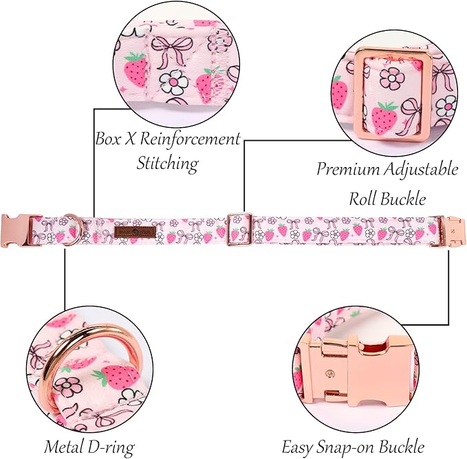 Lionet Paws Strawberry Floral Dog Collar with Sailor Bow, Spring Pink Bow Dog Collars Bow Tie for Puppies, XS, Neck 8-12 inches
