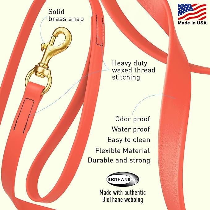 Viper Biothane K9 Working Dog Leash Waterproof Lead for Tracking Training Schutzhund Odor-Proof Long Line with Solid Brass Snap for Puppy Medium and Large Dogs, 20ft Coral