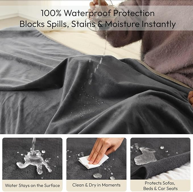 NANPIPER 100% Waterproof Blanket for Sofa, Reversible Fleece Love Blanket, Spill-Proof Dog Throw for Camping, Travel, Dark Grey/Light Grey 40x60 inches