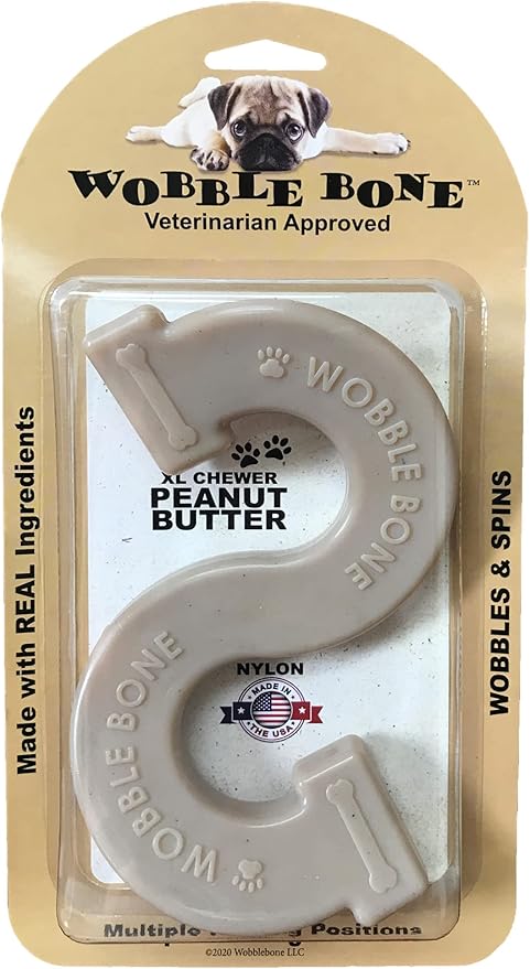 Wobble Peanut Butter Fancy Bone - Delicious & Fun Dog Peanut Butter Toy - Tough Long Lasting Dog Bones Made in USA- Designed for Larger Canines, 3.75In X 6.75In