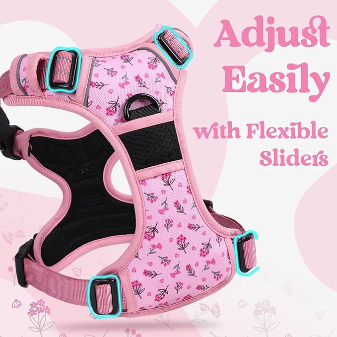 rabbitgoo Dog Harness Medium Sized, No Pull Pet Harness with 3 Buckles, Adjustable Soft Padded Vest with Control Handle, Walking Reflective Pet Vest for Medium Dogs, Floral Pink, M