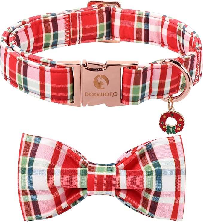 DOGWONG Christmas Dog Collar with Bow Tie - Christmas Red Plaid Puppy Collar, Adjustable Red Checkered Dog Collars for Girl Boy Dogs, XL