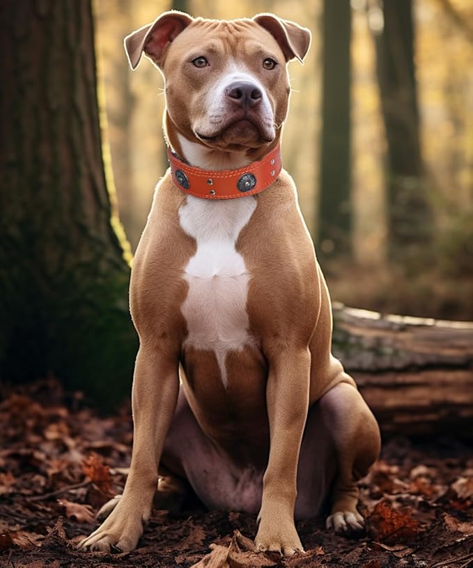Leather Dog Collar, 2 inches Wide Heavy Duty Genuine Leather Collars, Handmade, Soft, and Luxury, Eye-catching Best Choice for Large and Medium Breed Dogs, Orange 21-25 inches