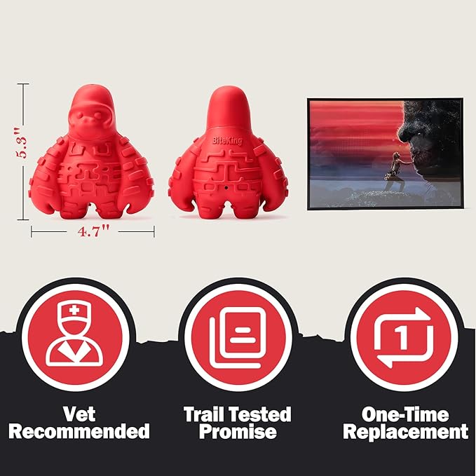 Natural Rubber Dog Chew Toy for Moderate Chewers or Older - Lifetime Replacement - Fetch Toy for Large Breed - Durable Gorilla Dog Toy, Red