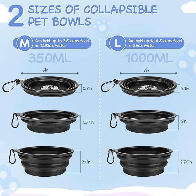 Portable Dog Bowls 2 Pack - Collapsible Silicone Travel Dog Bowls for Small, Medium & Large Dogs, Foldable Outdoor Bowl with Clip, Lightweight for Hiking Camping Backpacking（Small）