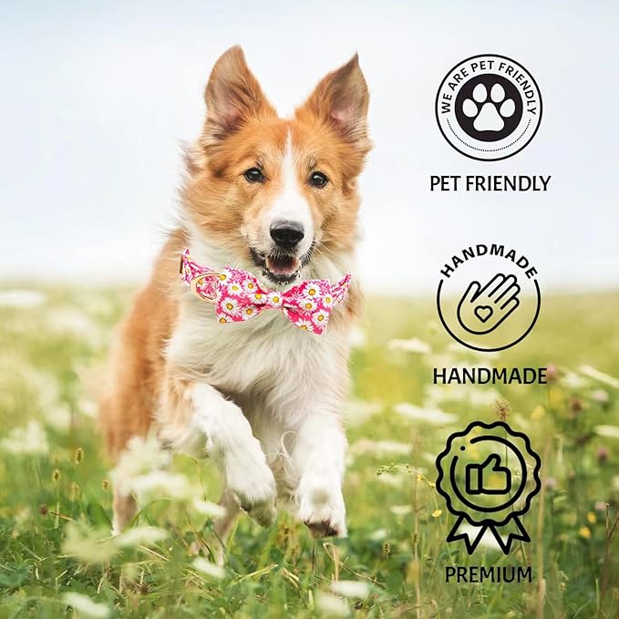 Tunkoo Pink Daisy Dog Collar with Cute Flower Bow Tie, Adjustable Premium Cotton Collar Durable Metal Buckle for Small Medium Large Boys Girls Dogs, L