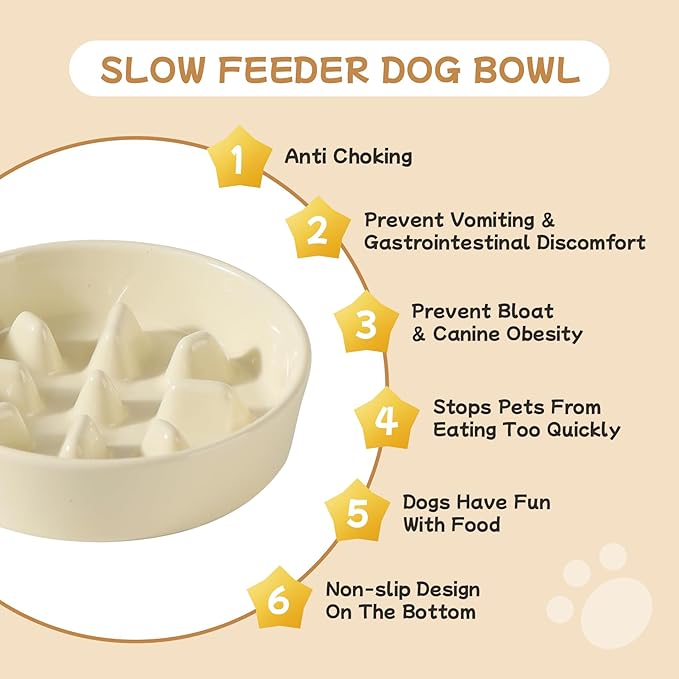 Ceramic 0.9 Cup Raised Slow Feeder Dog Bowl Set, Elevated 6.1inch Slow Dish and 6.1inch Water Bowl with Wooden Stand for Small Dogs (2 x Beige+ Stand)