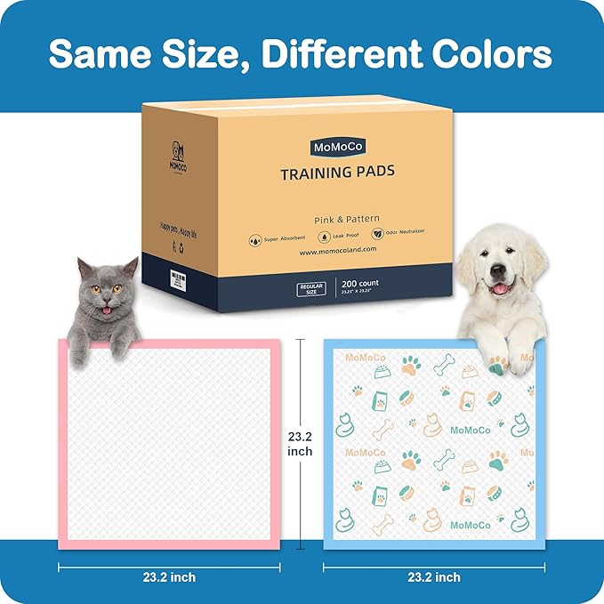 MoMoCo Puppy Pads 23″×23″ Disposable Dog Pee Pads Super Absorbent, Leak-Proof Puppy Training Potty Pads, 200-Count Value Pack (Pattern100 + Pink100)