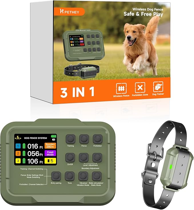 2025 Upgraded Wireless Dog Fence, No-Wire Electric Pet Containment System High-Precision Boundary Control, Up to 5.6 Acres, Waterproof & Rechargeable Collar, Safe Training for 1–3 Dogs
