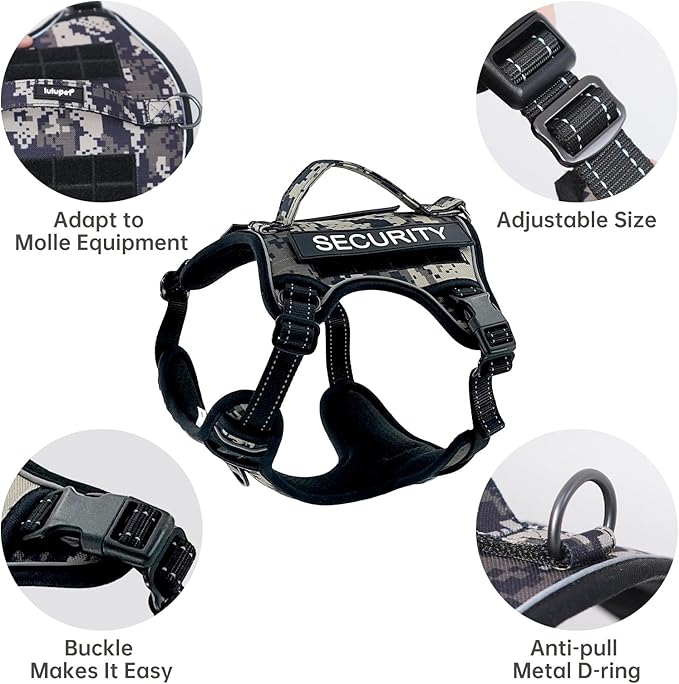 Tactical Dog Harness for Large Heavy Duty Dogs, No Pull Adjustable Reflective Service Camo Vest with Soft Handle