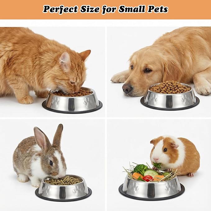 12 Pack Stainless Steel Pet Bowls with Non-Slip Base - 7oz Small Dog & Cat Feeding Bowls, Shallow Metal Food and Water Dishes for Kittens, Puppies, Rabbits (Silver)